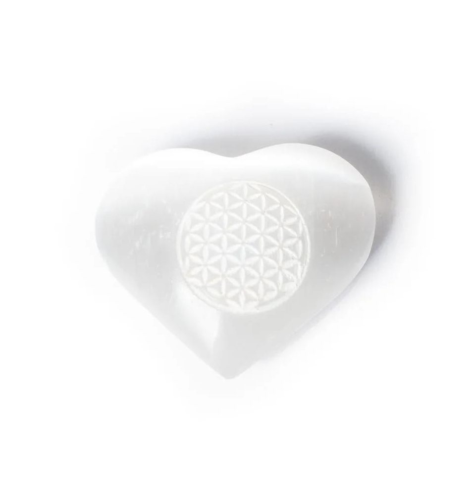 Corazón de selenita con flor de la vida worry stone ( 5x4x1.5cm)  de