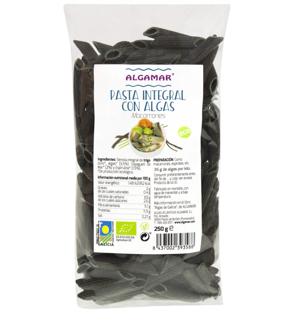 Pasta integral con algas macarrones bio, Algamar (250g)  de Algamar